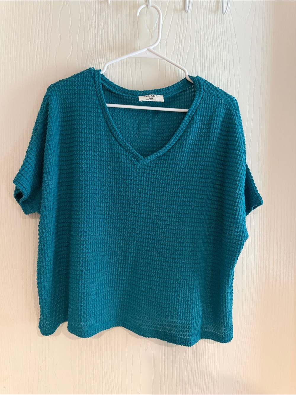 Zenana Outfitters Teal Waffle Knit V-Neck Short Sleeve Top